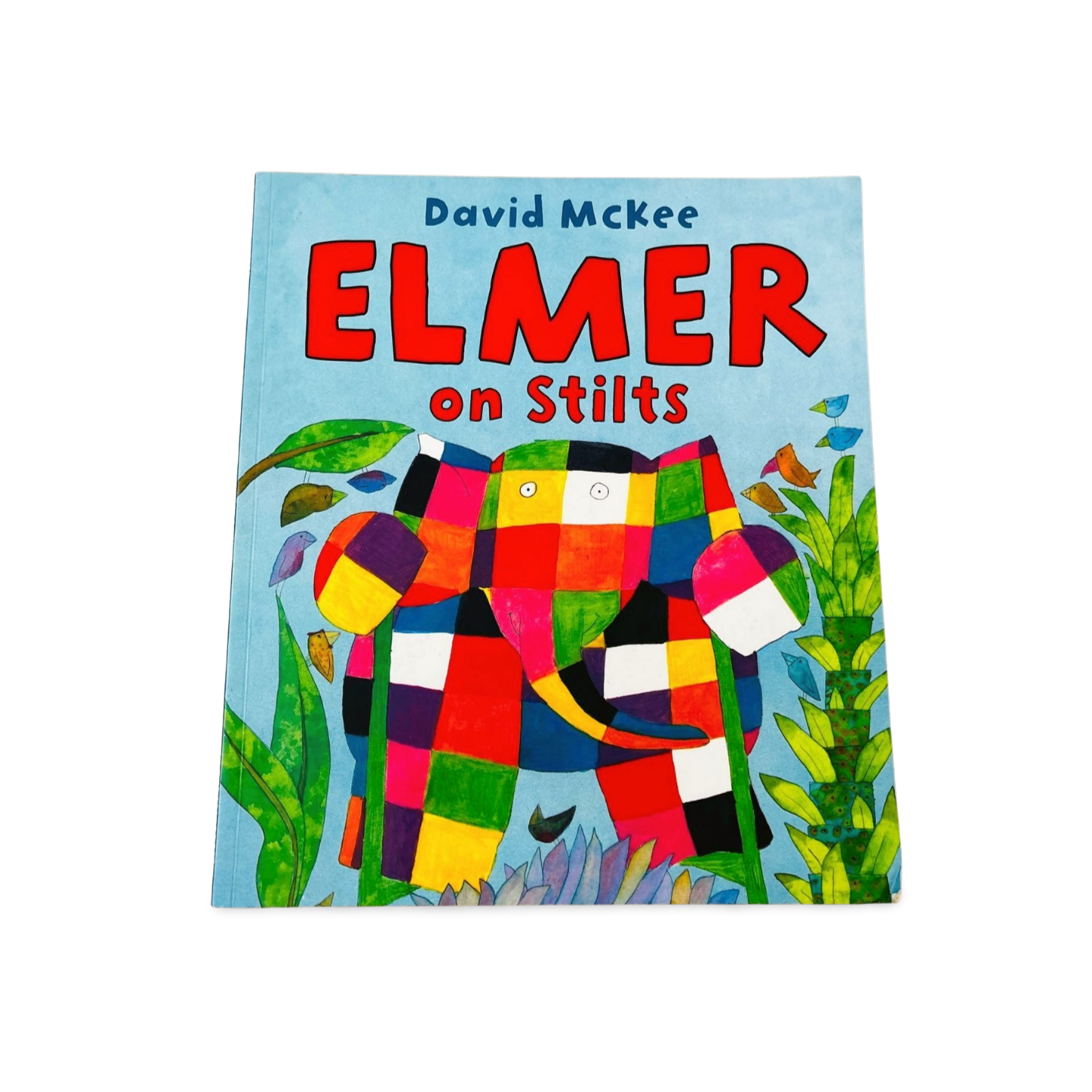 Book cover of 'Elmer on Stilts' with a colorful elephant illustration on a blue background.