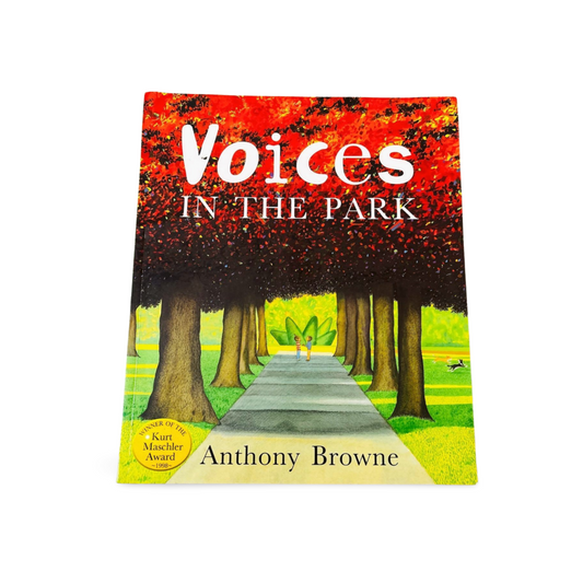 Book cover of 'Voices in the Park' by Anthony Browne with a colorful illustration of a park scene.