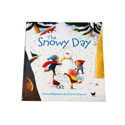 Book cover of 'The Snowy Day' with children playing in the snow and a snowman.