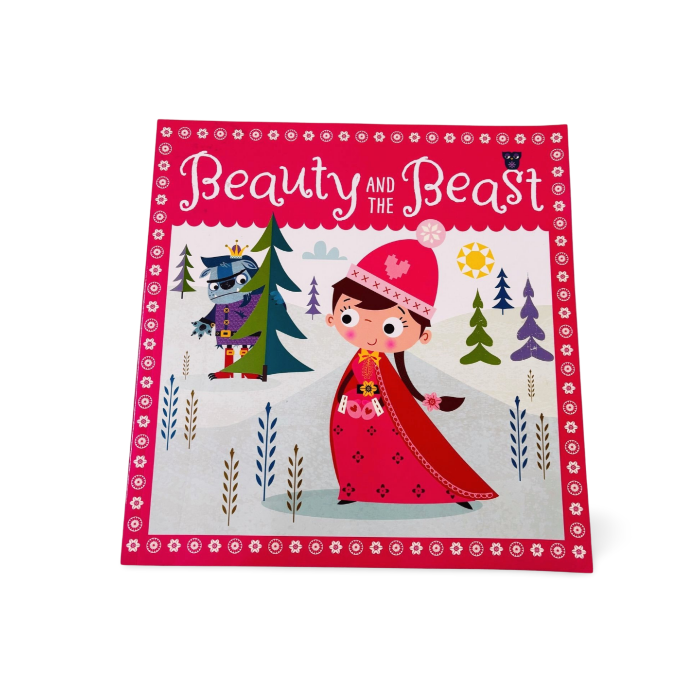 Children's book cover titled 'Beauty and the Beast' with a girl in a red dress and owl character on a pink background.