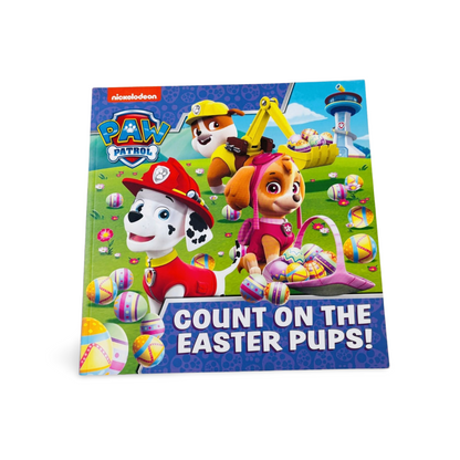 Paw Patrol Easter-themed book cover with characters and Easter eggs on a white background
