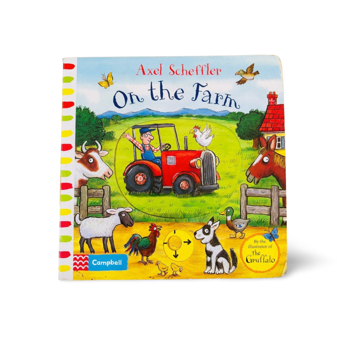 Cover of the board book 'On the Farm' by Axel Scheffler, featuring illustrations of farm animals and a red tractor with a person driving, set against a green field background. The book is for toddlers and has a push, pull, slide format.
